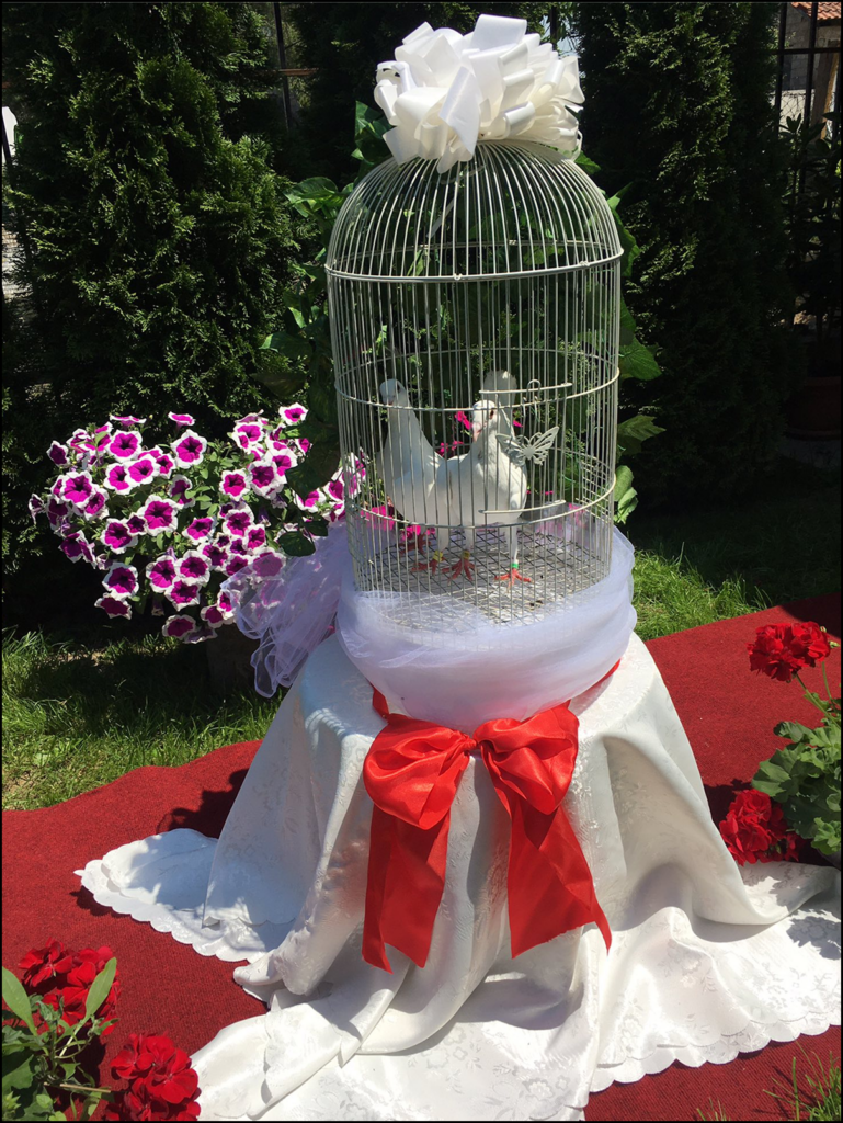 Симболичен момент со бели гулабина свадба.